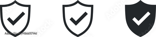 Shield checkmark icons set in progressive shading representing verification and protection in minimalist vector style