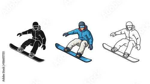 Snowboarder performing a trick shown in silhouette, color, and outline