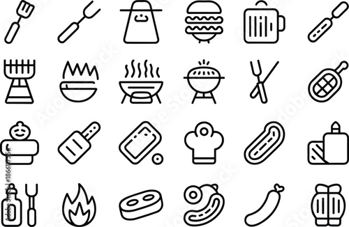 Minimal barbecue and grilling line icon set with cooking tools, food items, outdoor kitchen symbols for web apps