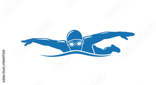 Blue Silhouette of a Swimmer in Freestyle Stroke.