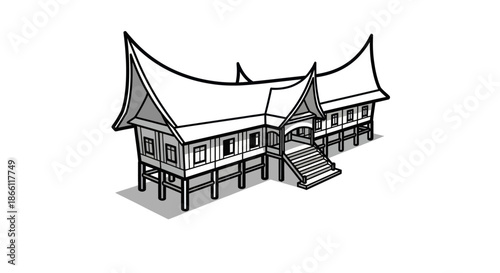 Traditional Indonesian Minangkabau House Architecture Drawing.