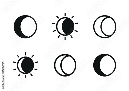 Space silhouette icons set. featuring moon phases, sun, crescent, full moon, half moon, and lunar cycle icons