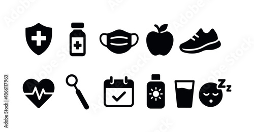 Health and wellness silhouette icon set. featuring shield, medicine, mask, apple, shoe, heart, magnifying glass, calendar, sunscreen, water, sleep symbols