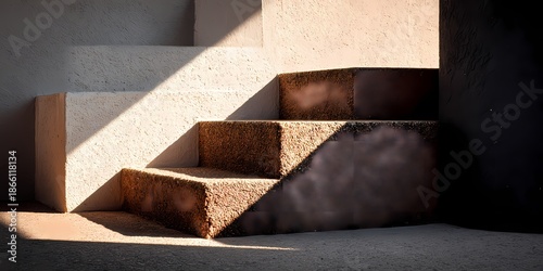 A close-up view of textured staircase steps with dramatic lighting and shadows in a modern setting.