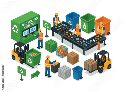 Recycling process isometric icon set. featuring recycling center, conveyor, workers, bins, forklift, and arrows