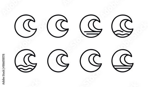 Night and ocean linear icon set. featuring moon, crescent, wave, water, sea, calm, and nature symbols
