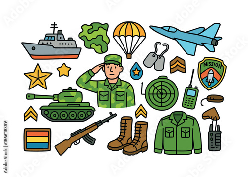 Military and aviation flat icon set. featuring soldier, tank, jet, radar, parachute, and dog tags symbols