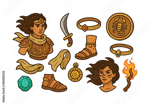 Adventure themed flat icon set. featuring warrior, sword, shield, sandals, gem, torch, necklace, and ring
