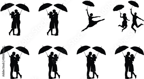 Couples and people silhouettes with umbrellas set, love, joy and movement in rain, romantic lifestyle moments, black white illustrationWeb