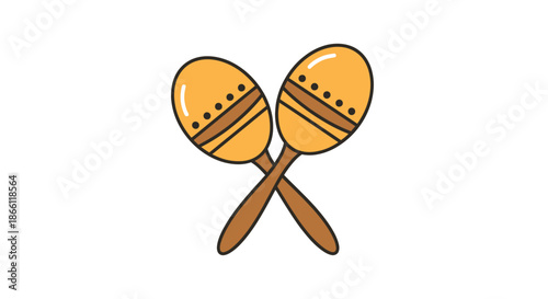 Two Crossed Wooden Maracas with Decorative Bands.