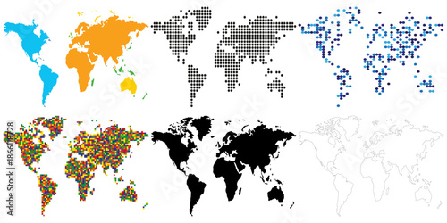 World map bundle with different styles including dotted pixel and silhouette vector