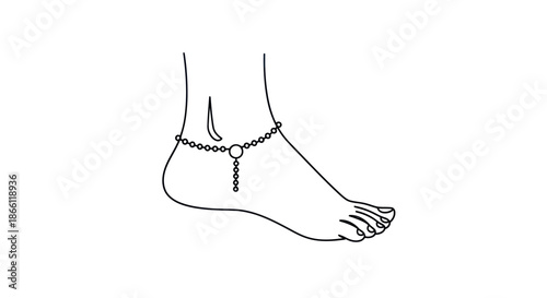 Minimalist line art illustration of a human foot and ankle wearing a delicate chain anklet.