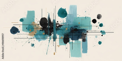 Panel kuchenny z motywem An abstract painting featuring vibrant teal, black, and beige colors with geometric lines and scattered paint splashes.