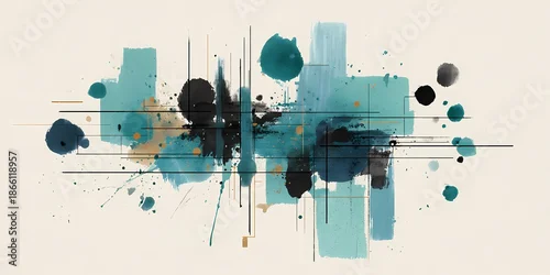 Panel kuchenny z motywem An abstract painting featuring vibrant teal, black, and beige colors with geometric lines and scattered paint splashes.