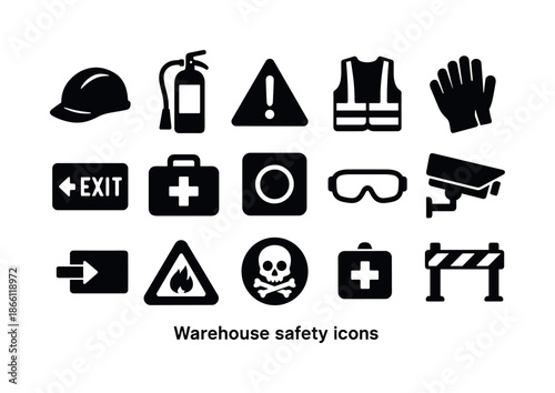 Warehouse safety silhouette icon set. featuring helmet, fire extinguisher, warning, vest, gloves, exit, and first aid symbols