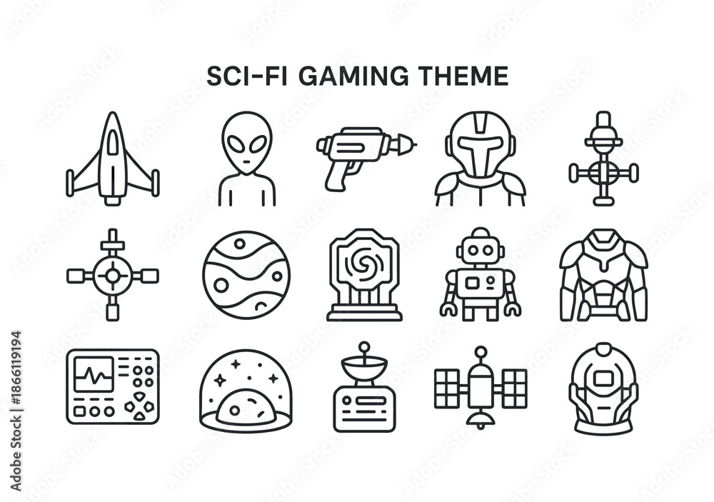 Fototapeta premium Sci-fi gaming linear icon set. featuring spaceship, alien, ray gun, robot, and astronaut suit symbols