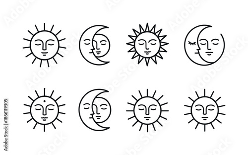 Astronomy linear icon set. featuring sun, moon, crescent, solar, star, celestial, lunar, day, night, eclipse, orbit icons