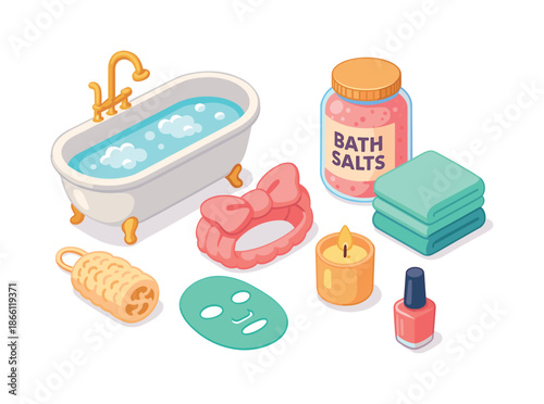 Home spa flat icon set. featuring bathtub, bath salts, towel, loofah, headband, candle, face mask, and nail polish symbols