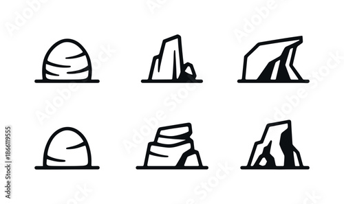 Natural elements silhouette icon set. featuring egg, mountain, boulder, cave, rock formations