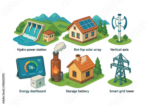 Renewable energy flat icon set. featuring solar panels, wind turbines, hydroelectric, and biomass symbols