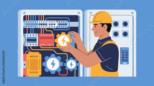 electrician working on an electrical control panel flat vector illustration