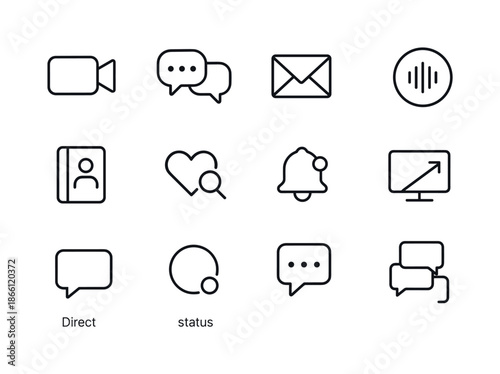 Communication linear icon set. featuring video, chat, email, audio, contact, love, alert, and message symbols