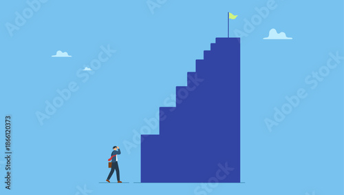 Businessman looking at high steep first step of success stairway. First step is hardest, learning curve or overcome difficulty when start new business, challenge to succeed in work.