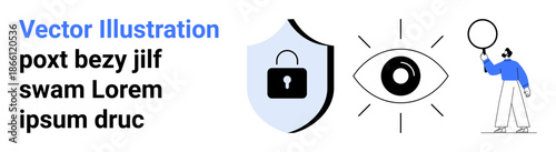 Shield with lock icon, eye symbol, and person using magnifying glass. Ideal for cybersecurity, privacy, surveillance, authentication, technology, data analysis and simple landing page