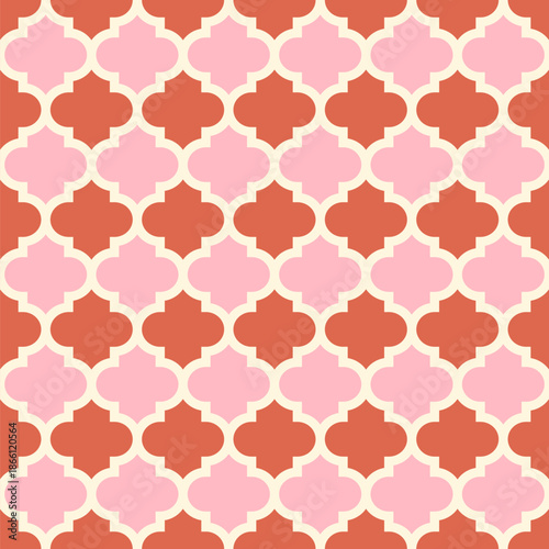 Moroccan Trellis Quatrefoil Tile Mosaic Seamless Vector Pattern, Geometric Background Design in Pink and Warm Earthy Terracotta Colors