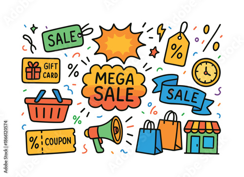 Shopping and sales flat icon set. featuring discount, gift card, sale, coupon, shopping bags, and store symbols