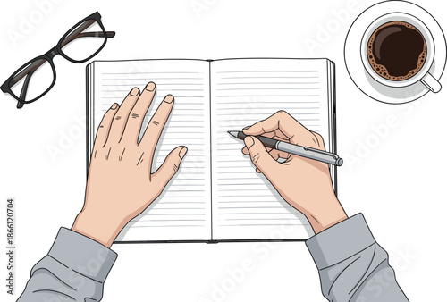 Hands writing in open notebook with pen coffee cup and glasses top view workspace flat vector illustration concept