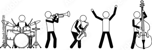 Jazz band stick figure musicians playing drums, trumpet, saxophone and double bass, music performance icons, rhythm, black white illustration