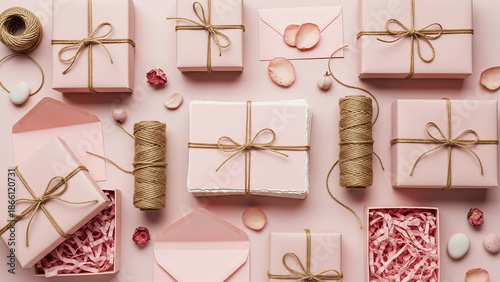 Snail mail gifts with pink stationery and wrapped presents on a pastel background concept
