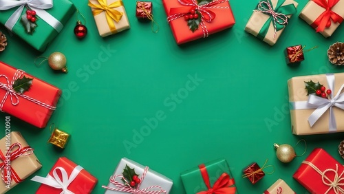 Christmas presents border on a festive green background for holiday concept