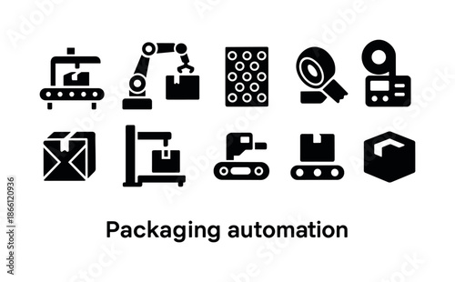 Packaging automation silhouette icon set. featuring conveyor, robot, tape, shipment, box, and machine symbols