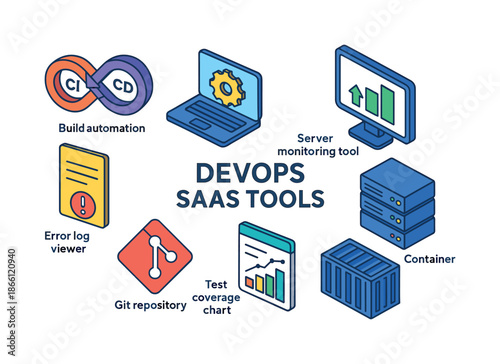 Devops tools flat icon set. featuring build automation, server monitoring, error log viewer, git repository, and container symbols