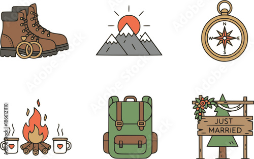 Professional adventure elopement icons. Flat vector set featuring hiking boots, mountains, and campfire symbols. High-quality pine green and orange graphics on white background.