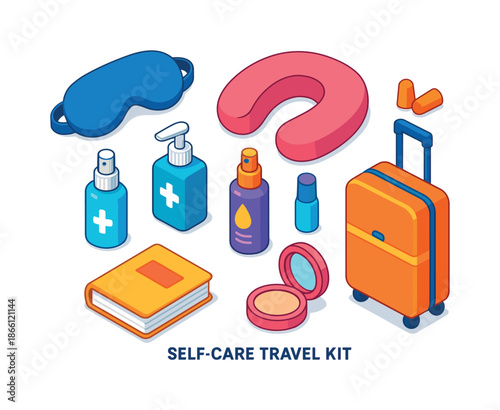 Travel essentials flat icon set. featuring suitcase, neck pillow, eye mask, earplugs, sanitizer, book, and cosmetics