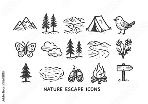 Nature escape linear icon set. featuring mountain, tree, river, tent, bird, butterfly, and flower symbols