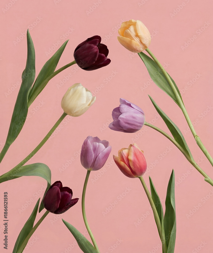 Obraz premium Colorful tulip flowers arrangement on pink background