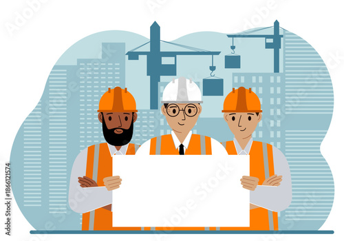 Engineer near houses under construction and construction cranes. Builder holds a large white sheet for text.