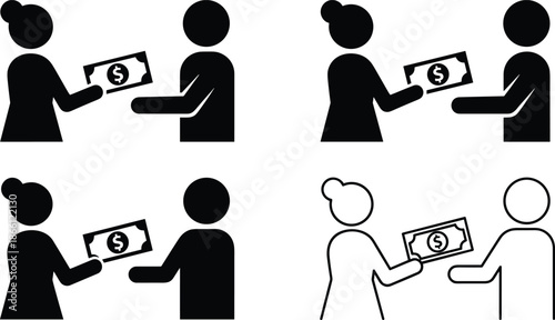 Money exchange illustration set showing solid and outline people transferring cash, payment transaction, salary, finance and business concept vectorWeb