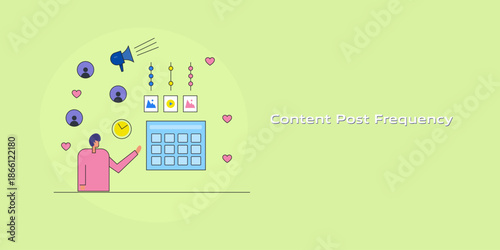 Content post frequency, person pointing at social media calendar framework, systematic timing schedule to scale higher reach, engagement through brand promotion. 