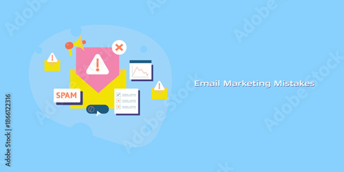 Email marketing mistakes warning indicator, declining engagement metrics, rapid multi send activity, spam trigger and checklist compliance failure.