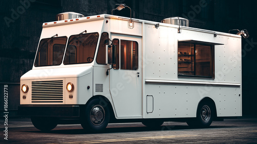 Wallpaper Mural A white food truck is parked on a dark street with its lights on at night outside Torontodigital.ca