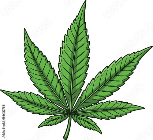 Green cannabis leaf illustration isolated on white background representing marijuana plant, hemp symbol, herbal medicine, and natural botanical design