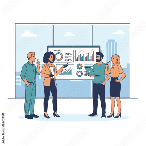 A 2D flat graphic illustration showing four diverse professional colleagues conducting a stand up meeting around an interactive whiteboard displaying project metrics in a modern office setting