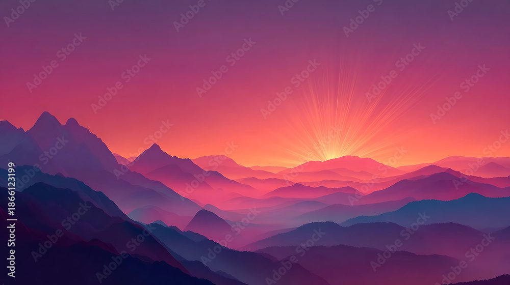 Fototapeta premium Vibrant Mountain Range Sunrise With Sun Rays mountains