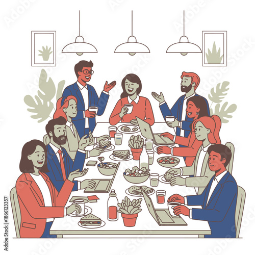 Cheerful professional coworkers enjoy a relaxed midday lunch, sharing food and communication at a long communal table in the modern office cafeteria, depicted in a flat 2D graphic illustration style