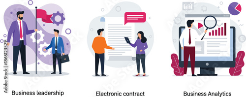 PBusiness leadership and electronic contract illustration, corporate analytics dashboard, professional teamwork, digital agreement, management strategy, data driven decision, modern business concept